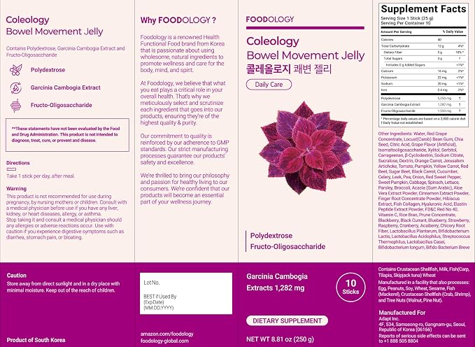 FOODOLOGY Coleology Bowel Movement Jelly, Grape & Prune, 10 Sticks | Prebiotic Fiber Supplement for Gut Health & Immune Support, Constipation & Bloating Relief, Korean Wellness