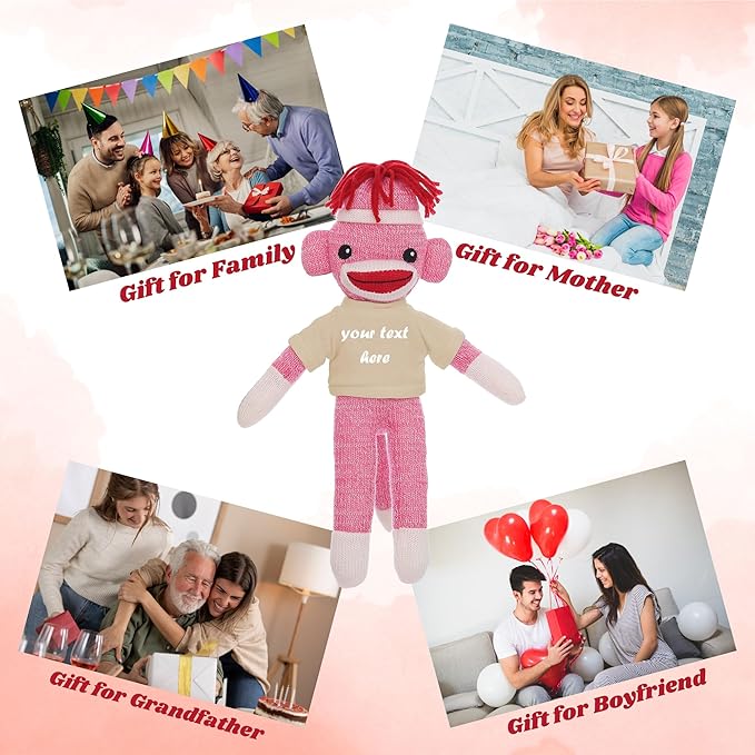 Huggable Pink Sock Monkey 8 Inch, Plush Stuffed Animal Personalized Gift-Custom Text on Shirt-Perfect for Halloween Day, Valentine's Day, Graduation Day, or Birthday Present (Tan)
