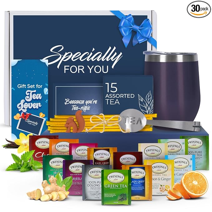 Tea Gifts for Men – Sampler Set with 15 Unique Blends, Honey Sticks, Insulated Stainless Tumbler & Gift-Ready Box – Birthday & Father's Day for Him, Tea Lovers (Blue/Blue box)