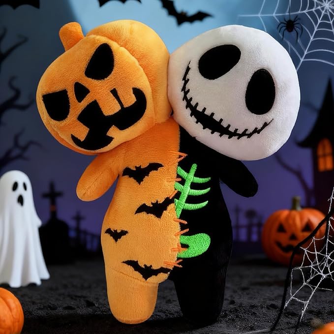 Horror Reversible Glow Plush Creepy Stuffed Animal Toy Scary Pumpkin & Skeleton Buddy Doll for Kids & Game Fans Great Gift for Birthday Halloween Christmas Party