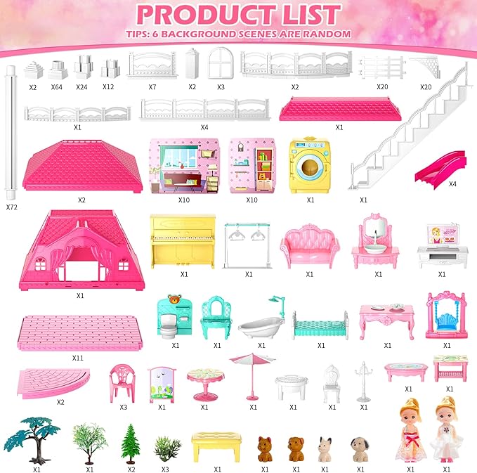 Dolls House for Girls Toys, 4 Stories 10 Rooms Dollshouse with 2 Princesses Slide Accessories, Playset for Toddler Playhouse Gift for for 3 4 5 6 7 8+ Year Old Girls Toys
