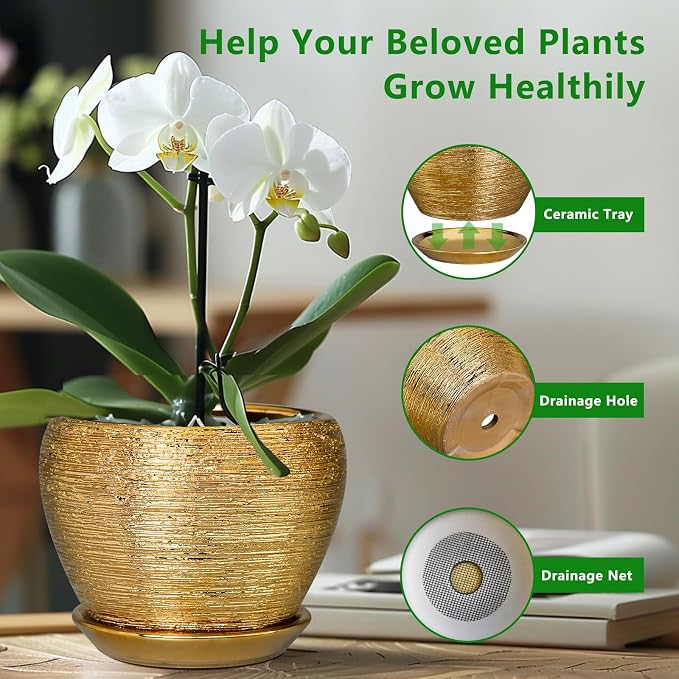 Ceramicfor Ceramic Planter 10 Inch - Indoor Plant Pot with Drainage Hole and Saucer Large Decorative Planter Mid-Century Modern Flower Pot Outdoor for Home Decor Gold