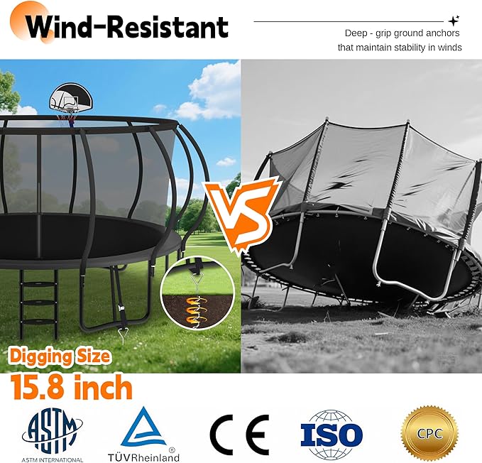 DeepRoar 2026 Upgraded 8/10/12/14/15/16FT Pumpkin Tranpoline for Kids, Heavy Duty 1500LBS Outdoor Tranpoline Set with Basketball Hoop, Light, Sprinkler & Socks, Recreational Trampolings, ASTM Approved