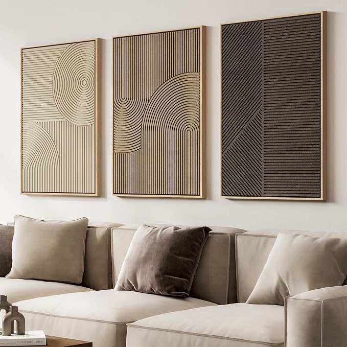 Large 3D Textured Framed Neutral Abstract Wall Art Set, 3 Piece 24x36 In | Solid wood frames, sculptural line texture, beige brown tan tones, ready to hang, wall decor for living room bedroom office