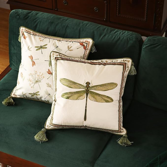 Designer Vintage French Velvet Throw Pillow Cover,18"x18"-Grace C | Pillow Cover,Concealed Zipper Design,Dragonfly Pattern,Sofas,Bedroom,Living Room,Lounge Chairs,All Season Home Decor