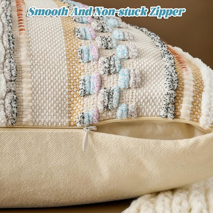 Chenille Striped Textured Boho Throw Pillow Covers Aesthetic with Tassels Woven Decorative Pillow Case for Couch Bed Sofa Bedroom Modern Funky 18 x 18-Inch White Multicolor