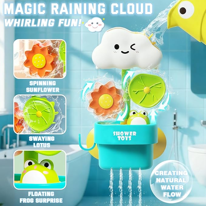 Bath Toys for Toddlers 1-3, Cloud Rain Watering Toy with Rising Frog & Spinning Lotus - Interactive Sensory Water Play Toy for Bathtub, Gift for Boys Girls 18M+