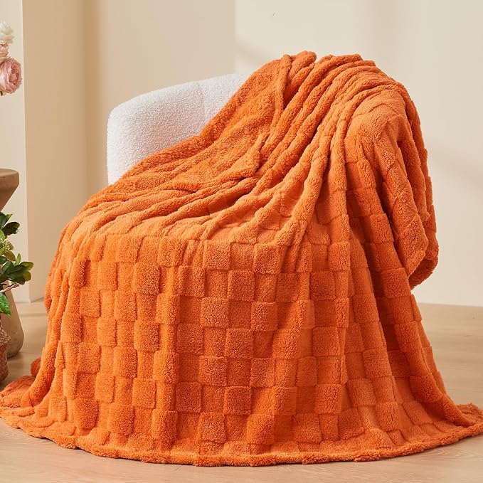 NEWCOSPLAY 3D Checkered Flannel Twin Blanket, Orange Checkered, 60"x80" | Super Soft Cute Lightweight Decorative Premium Silky Fleece Blanket for Couch Sofa Bed, Gift for Women Men, All Season Use