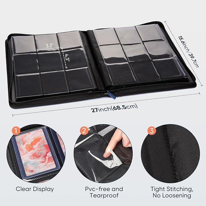 9-Pocket Toploader Binder – Holds 252 Toploaders, 9 Toploaders Included, Card Storage for Trading Cards in 3 x 4'' Toploader, Premium Zippered PU Binder for TCG, Sports Cards