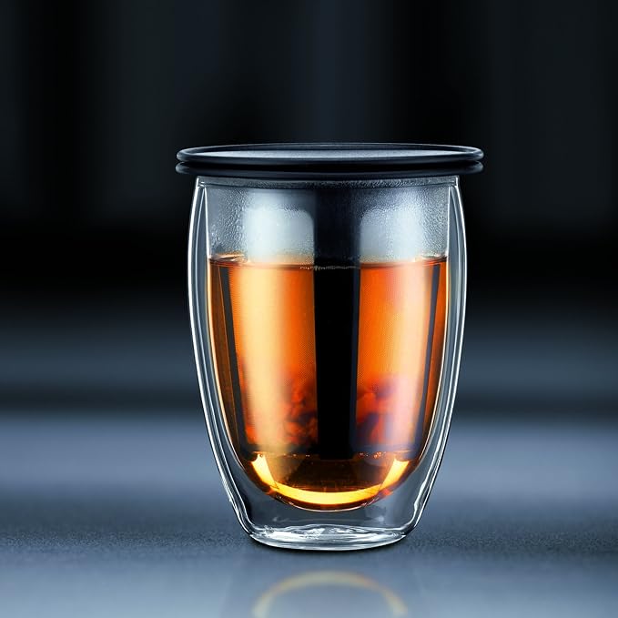 Bodum 12oz Tea Strainer w/Lid, Double Wall, High-Heat Borosilicate Glass, Black (Pack of 4)