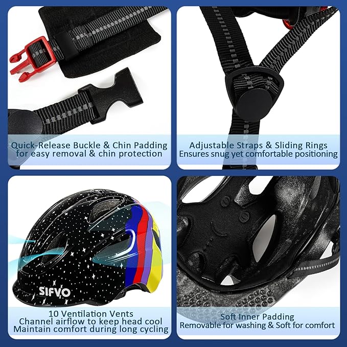 Kids Bike Helmet with LED Light, SIFVO Youth Toddler Boys Girls Helmets,2 Size Adjustable for Ages 3-5-10,Multi-Sport for Bicycle, Scooter, Skateboard,46-55cm