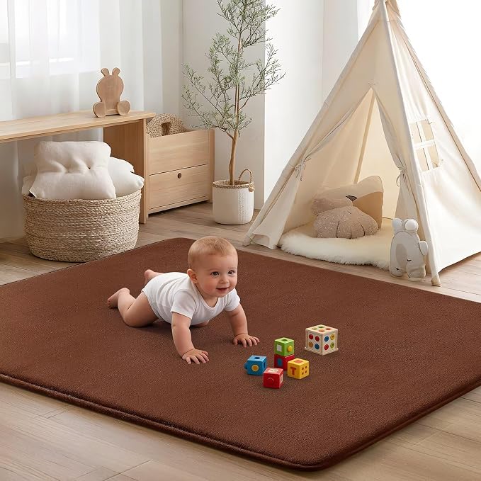Baby Play Mat for Floor,Ultra Thick Elastic Foam 65"x50" Playmat Tummy Time Muscle Crawling Exercise Activity Cushion Gym Mat Nursery Playroom Area Kids Rug for Babies, Toddlers,Infants,Reddish Brown