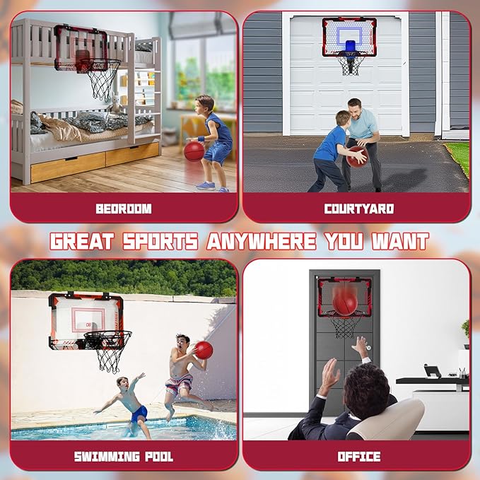 Remote Control Mini Basketball Hoop Indoor for Kids, Over Door Hoop Basketball with Electronic Scoreboard, Indoor Basketball Hoop with 4 Balls,Storage Clip&Bag,7 LED Light Toy Gift for Boy Girl 3+,Red