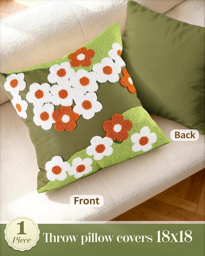 Embroidered Throw Pillow Cover - 18x18 Decorative Pillow Cover with Zipper Aesthetic Cute Design Boho Spring Summer Cozy Throw Pillowcase for Living Room Couch Sofa Bed, Green Flowers
