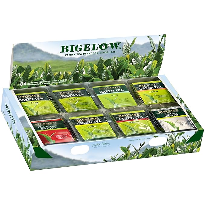 Bigelow Tea Green Tea Assortment, Individually Wrapped Tea Bags with Classic, Decaffeinated, Mint, Peach, Constant Comment, Lemon, Mango, and Earl Grey Teas, 64 Tea Bags (Pack of 1)