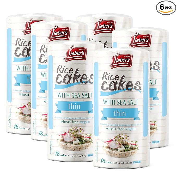 Lieber's Thin Rice Cakes, Sea Salt, Gluten Free, Vegan, 6 Pack | Whole-grain Brown Rice Snack, Kosher Certified, Dairy Free and Wheat Free, Crispy, Crunchy with 60 Calories or Less per Cake