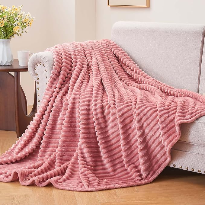 BEDELITE 3D Ribbed Jacquard Pink Fleece Twin Blanket for Bed, 60x80 Inch | Soft Warm Decorative Fluffy Blanket, Cozy Plush Lightweight Fuzzy Throw Blanket for Couch Sofa Room Decor, Gift for Women