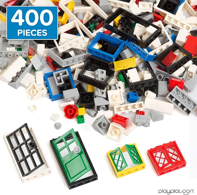 Play Platoon 400 Piece Windows, Doors, and Roof Tops Set - Building Brick Compatible Play Kit