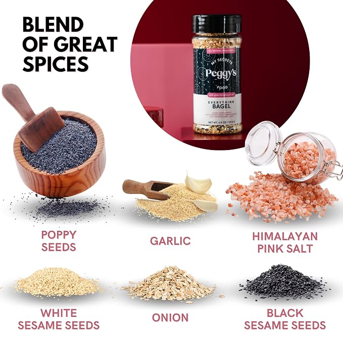 My Secrets Peggy's Food Everything Bagel Seasoning - Premium Blend with Pink Himalayan Salt, Poppy Seeds & Garlic - Crunchy Topping for Avocado Toast, Eggs, and Salads - All Natural & Non-GMO - 4.5 oz