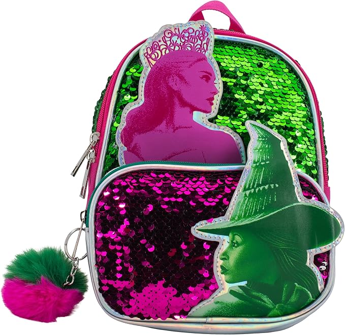 AI ACCESSORY INNOVATIONS Wicked 9” Micro Mini Backpack Purse Featuring Glinda & Elphaba 3D Character Patches, Shiney Sequins, & Pompom Dangle