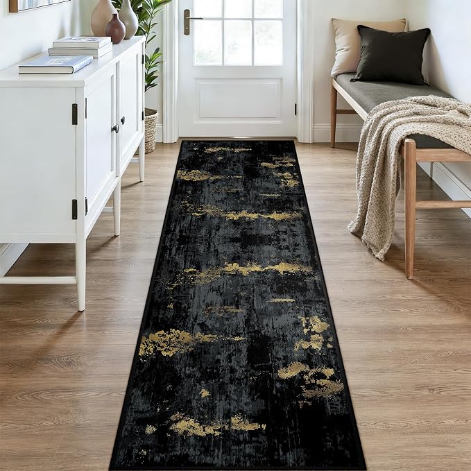 RELEANY Washable Runner 3'x9' Abstract Area Rug for Hallway Black Gold | carpet for kitchen, entryway, bathroom, living room, bedroom, printed pattern, non-slip, soft, stain-resistant, easy to clean