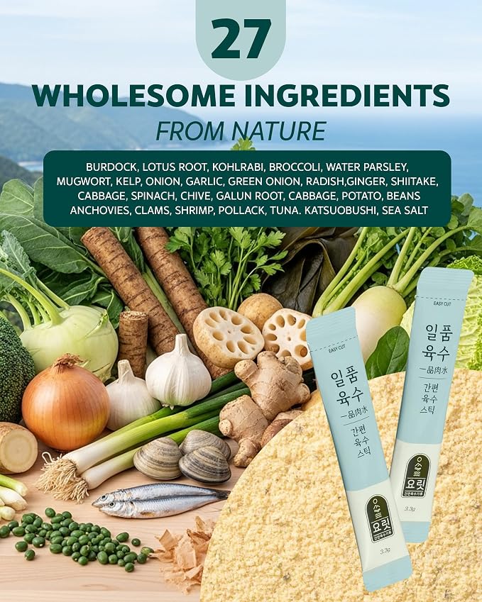 Yorit Instant Korean Seafood & Vegetable Broth Powder, 60 Sticks | 27-Ingredient Umami Stock, No Added MSG; Dissolves Hot or Cold Without Simmering, for Stews, Ramen, Hot Pot & Stir-Fries