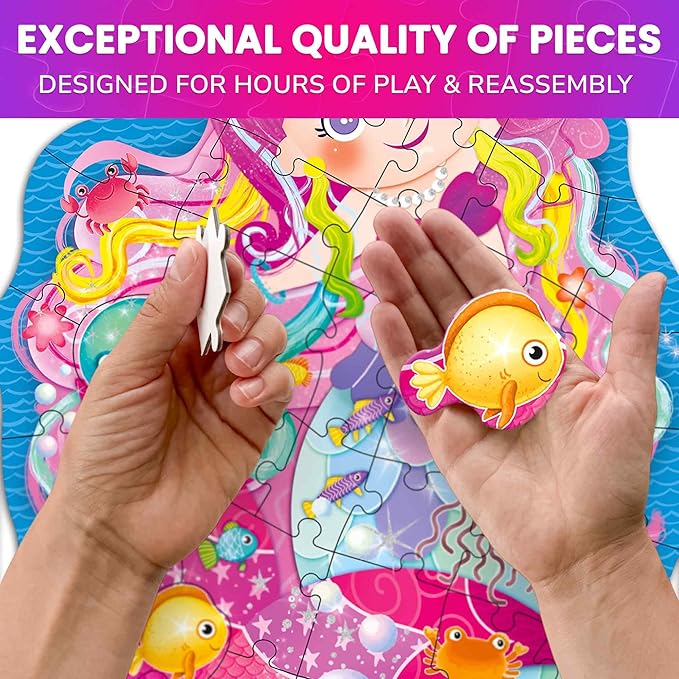 QUOKKA Shimmery Puzzles for Kids Ages 4-6 – 48 Piece Shaped Jigsaw Puzzles for Toddlers 3-5 – 4-Pack Princess, Mermaid, Butterfly & Unicorn Children's Game Ages 4-8 – Unique Gift Toy for Preschoolers