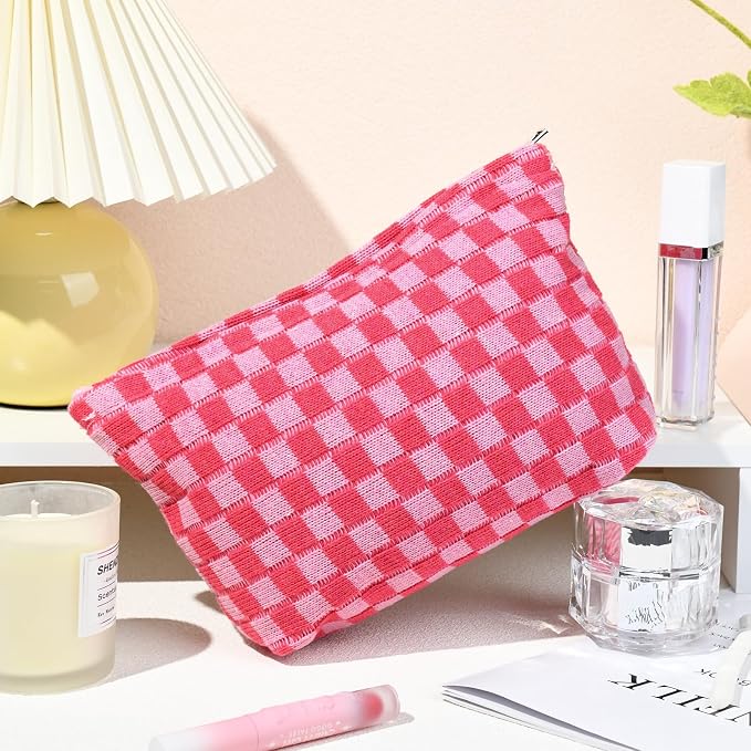 SOIDRAM 2 Pieces Makeup Bag Large Checkered Cosmetic Bag Capacity Canvas Travel Toiletry Bag Organizer Cute Makeup Brushes Aesthetic Accessories Storage Bag for Women, Rose Red checkered