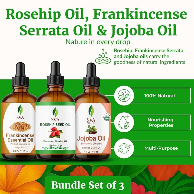 SVA Rosehip, Frankincense Serrata, and Jojoba Oil 4 oz Bundle Super Saver Combo – Value Set for Hair Oiling, Scalp Massage, Hair Care, Skin Care and Body Massage