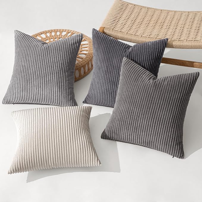 MIULEE Soft Corduroy Decorative Throw Pillow Covers Neutral Grey 20x20 | Set of 4, Mordern Minimalist Decor, Layered Gray Collection, Boho Farmhouse Cushion Covers for Couch Bed Sofa Living Room