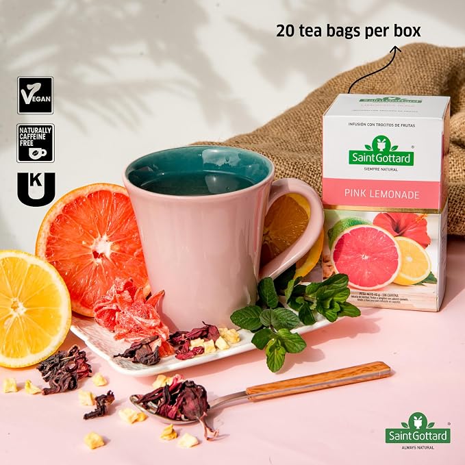 Pink Lemonade Saint Gottard Premium Herbal Tea – Natural Botanical Blend for Cleanse & Digestive Support – 40 Tea Bags – Naturally Low in Caffeine – Pure Herbs, Hot or Iced, Sweet