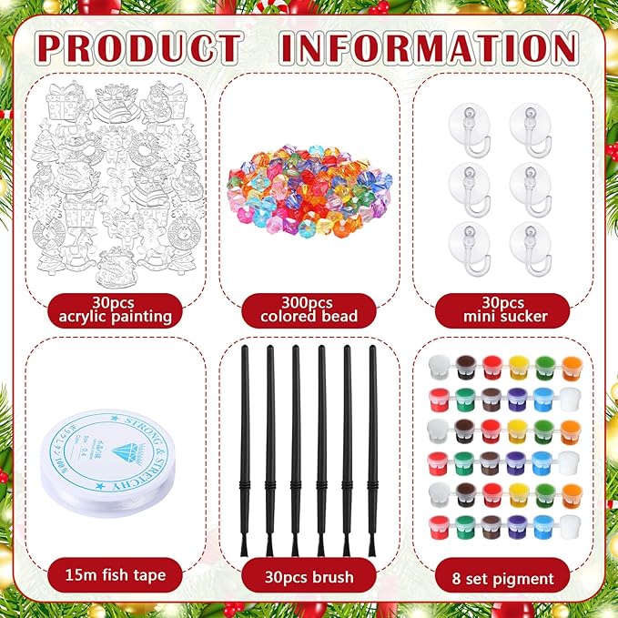 30 Sets Christmas Suncatchers Window Art Kits Xmas Santa Claus DIY Sun Catchers Crafts Bulk Paint Your Own Window Ornaments for Boys Girls Classroom Party Birthday Activity Home Decor
