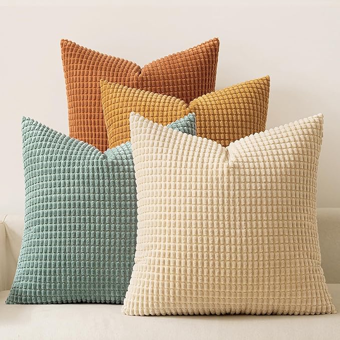 MIULEE Farmhouse Decorative Pillow Covers 18x18 Inch Set of 4 Orange/Teal | Rustic Modern Fall Home Decor, Couch Throw Pillows, Autumn Corduroy Pillowcases for Sofa Living Room Bed