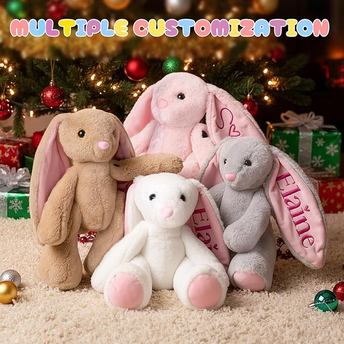 Custom Plush Bunny Toys with Child's Name, Embroidered Bunny Supe-Soft Stuffed Animals for Baby Toddlers, Personalized Birthday Christmas for Baby Girls Boys (White)