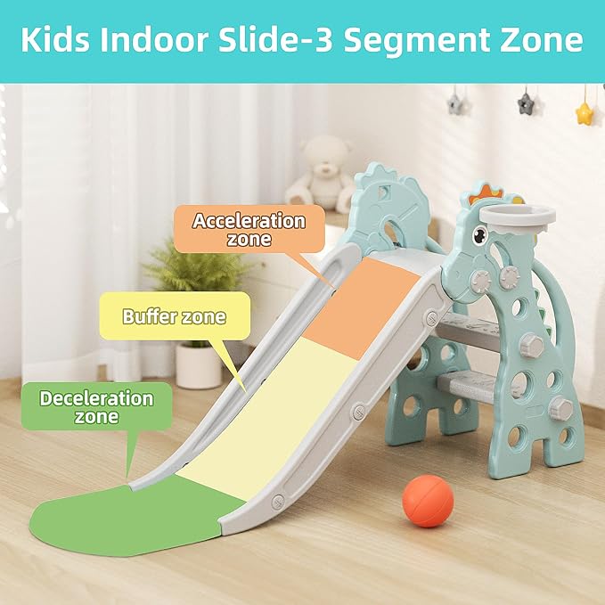 GLAF Toddler Slide Baby Kids Indoor Slide for Toddlers 1-3 Indoor Outdoor Playset with Basketball Hoop and Ball Kids Backyard Climber Set (Mint)
