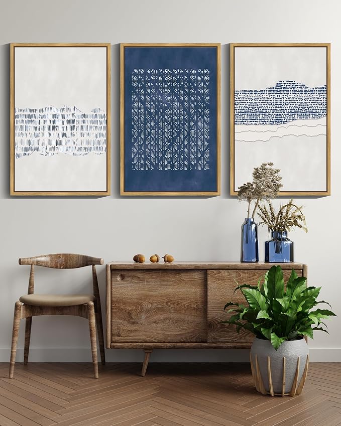 Drsoum Blue Abstract Boho Framed Wall Art Minimalist Mid-Century Modern Wall Decor Geometric Artwork Kitchen Dining Room 11x14in Natural Framed
