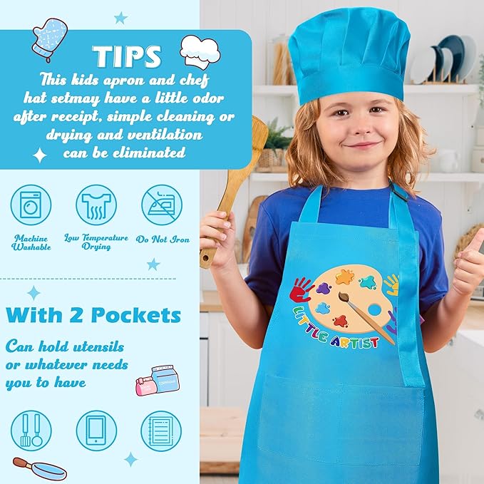 R HORSE Kid Apron and Chef Hat Set 2Pcs Adjustable Children Blue Artist Kitchen Apron, Dress up Role Play Chef Toy Cooking Baking Painting and Training Kits Funny Birthday Christmas Gift for Kids