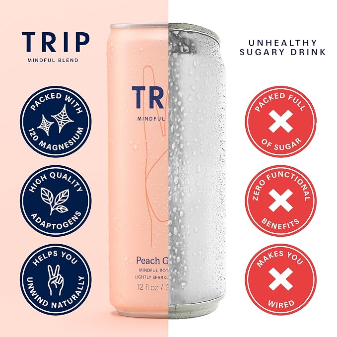 TRIP Lightly Sparkling Adaptogen Drink, Non Alcoholic Drink with Magnesium, Ashwagandha, Lions Mane & L Theanine, No Added Sugar Mocktail, Vegan, Peach Ginger, 12 Oz, 12Pk