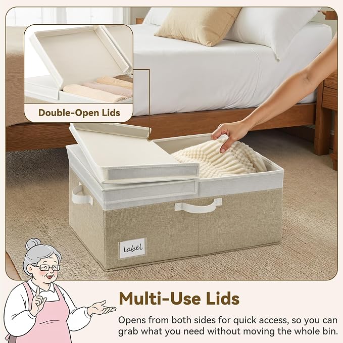 GRANNY SAYS Decorative Storage Boxes with Lid, Large Storage Bins with Double-Open Lid, Storage Basket for Clothes, 63L Closet Linen Storage Bin, White/Khaki, 2-Pack