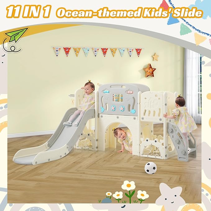 11in 1 Toddler Slide, Kid Slide for Toddlers Age 1-3 with Telescope, Basketball Hoop, and Telescope, Indoor Outdoor Playset Playground Grey Beige