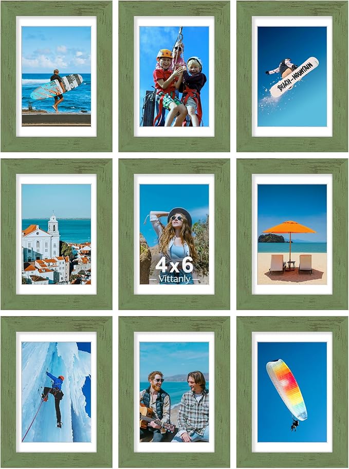 Vittanly 4x6 Picture Frames Set of 9, Wall & Tabletop, Rustic Green | Display Pictures 3.5x5 with Mat or 4x6 without Mat, Small Photo Frames, Engineered Wood with Shatter Resistant Plexiglass