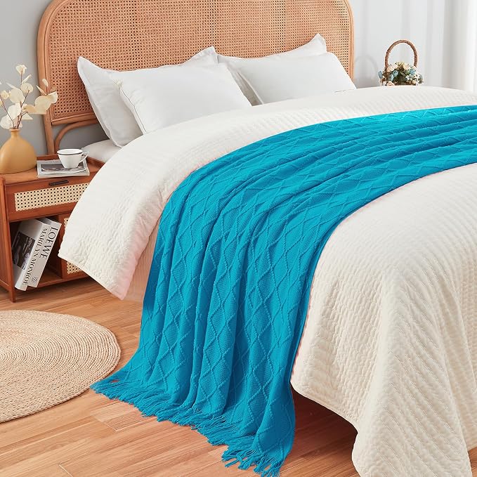 inhand Teal Knitted Throw Blanket for Couch and Bed, 60"x80" | Soft Living Room Home Decor Knitted Twin Size Blanket, Outdoor Lightweight Breathable Summer, Farmhouse Warm Woven Decorative
