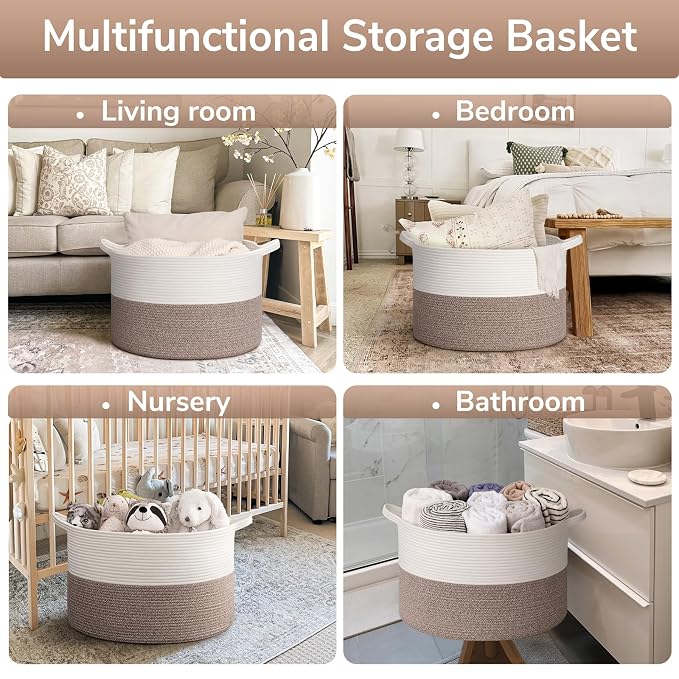 Goodpick 65L Large Woven Rope Basket for Blankets Living Room, 65L | 19.7 x 19.7 x 12.6 In Woven Basket for Storage, Kids Toy Storage for Playroom, Laundry Basket for Towels,Mele