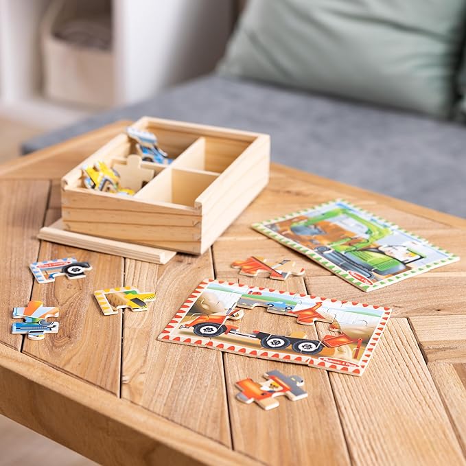 Melissa & Doug 4‑in‑1 Wooden Construction Vehicles Jigsaw Puzzle Set, 48 Pieces with Storage Box, Toddler Puzzle Toy for Kids Ages 3+ - FSC Certified
