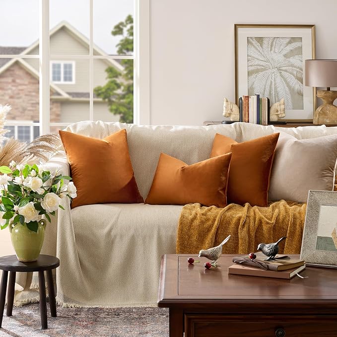 GIGIZAZA Burnt Orange Velvet Throw Pillow Covers 20x20 Pack of 2 | Decorative Pillows for Couch Sofa,280gsm Soft Textured Fabric,Modern Square Pillowcases,Luxury Cushion Covers