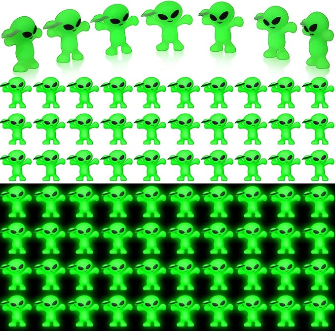 100 Pcs Mini Alien Figures Glow in The Dark Space Ship Tiny Little Small Alien Figurine for Halloween Treat Toys Bulk Gift Space Party Favors Hide and Seek Christmas Stocking Stuffer