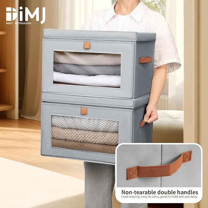 DIMJ Storage Bins with Lids - 5 Pack Fabric Closet Organizer with Window & Handles, Collapsible Decorative Storage Boxes for Shelves Under Bed, Books Clothes Blankets Sweaters Organization