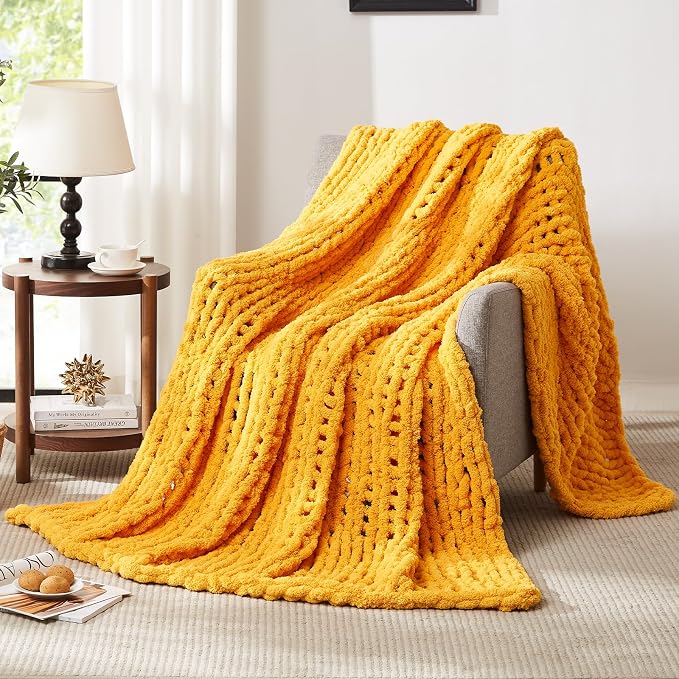 L'AGRATY Chunky Knit Throw Blanket for Couch, 80 x 90 Inches Mustard Yellow | Handmade Chenille Crochet Blanket for Sofa Bed, Thick Cable Knitted Blankets for Room Home Decor, Birthday Gift for Women Mom