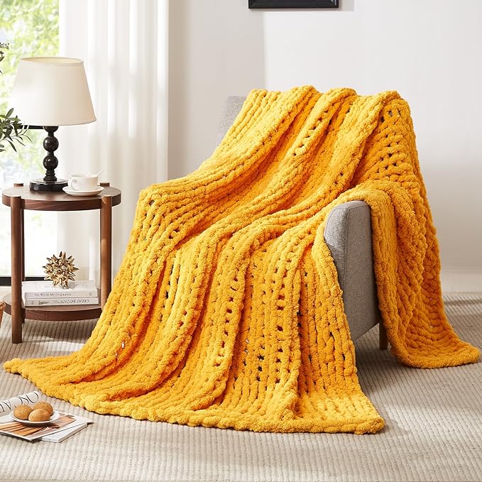 L'AGRATY Chunky Knit Throw Blanket for Couch, 60 x 80 Inches Mustard Yellow | Handmade Chenille Crochet Blanket for Sofa Bed, Thick Cable Knitted Blankets for Room Home Decor, Birthday Gift for Women Mom