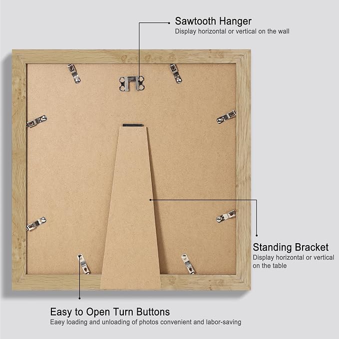 Hongkee 12x12 Picture Frame Set of 4 - Made of Glass and Natural Oak Wooden Frame, Display Square Pictures 10x10 with Mat or 12 x 12 without Mat, Desktop & Wall Collage Photo Frame